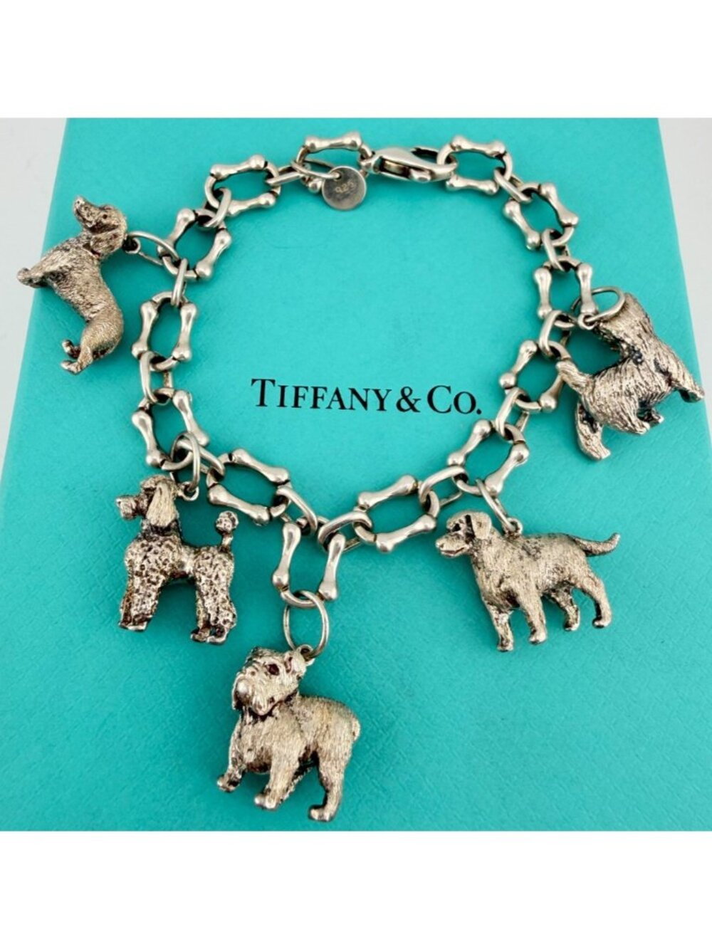 Vintage Tiffany & Co. 5 Dogs Charm Bracelet Sterling Silver Bone Links 7.5in 51g - Picture 2 of 7
